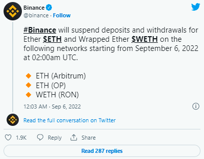 Binance 将在合并前暂停 ETH 和 WETH 存款和取款