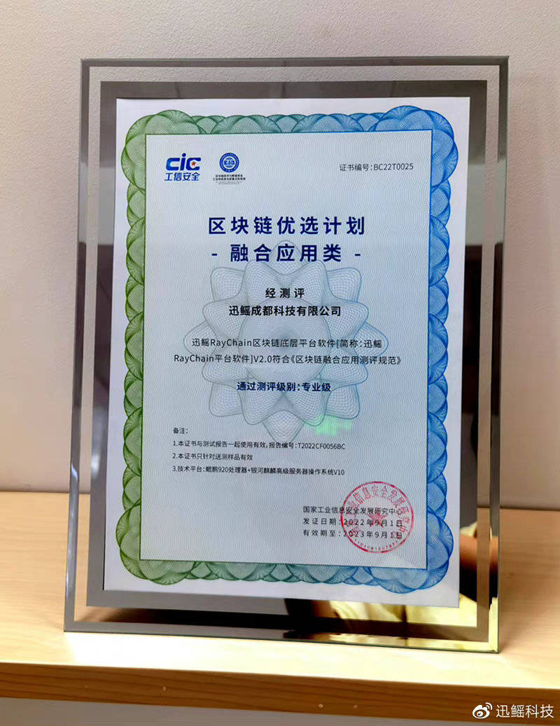 专业级！ | 迅鳐RayChain平台软件再获权威认证，入选“区块链优选计划”名单