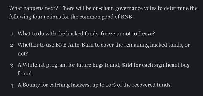 BNB Chain后续<strong></p>
<p>币安BNB</strong>，将发起冻结黑客赃款链上投票；币安烧毁超1亿BUSD