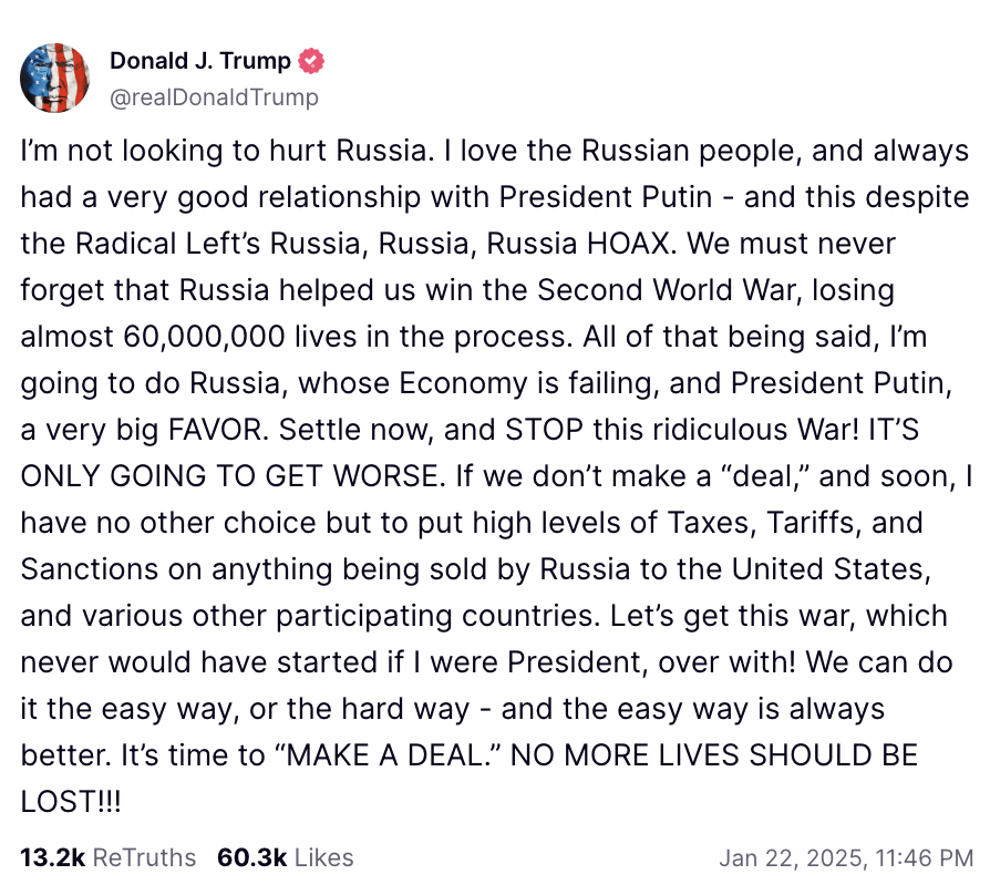 特朗普:不想伤害俄罗斯 但不停战就制裁