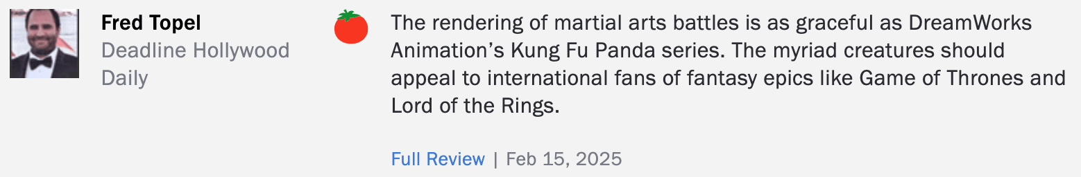 国外影评人:《哪吒2》对武打场面渲染如《功夫熊猫》一样优美