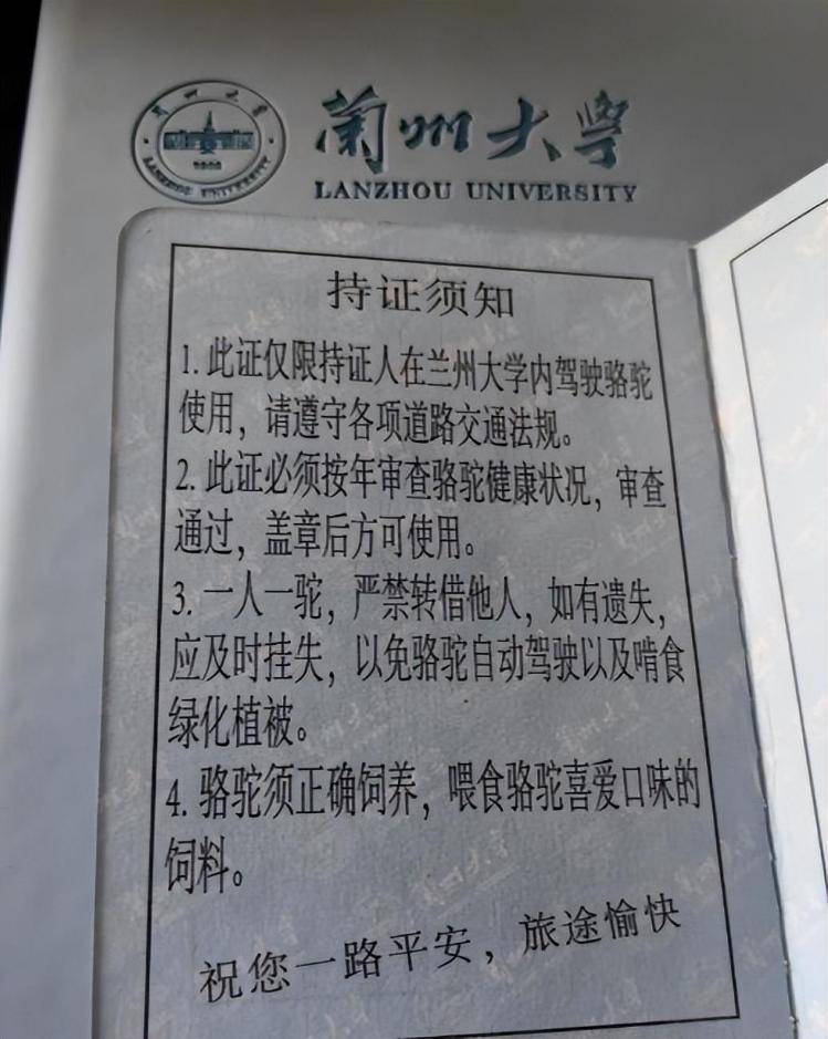 一人一驼<strong></p>
<p>icu</strong>,骆驼尾气排放超标要扣分?兰大回应学生持证骑骆驼上学:骆驼驾驶证为学校文创,非官方证件